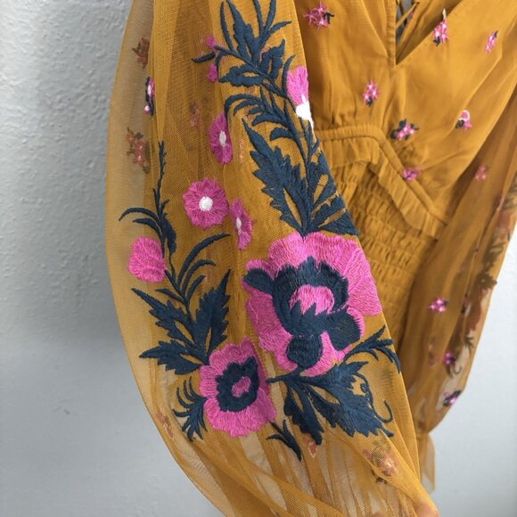Anthropologie Embroidered Gold Smocked Tulle Blouse Size Medium Boho Peasant - Picture 5 of 15